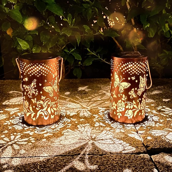 2 Pack Butterfly Birthday Gifts for Women Mom Grandma Solar Lanterns Outdoor Waterproof Garden Decor Hanging LED Decorative Light for Patio Yard Lawn Gardening Gifts