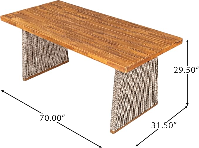 Christopher Knight Home Pasco Acacia Wood Outdoor Dining Table Set for 6, Wicker Patio Dining Set with Acacia Wood Table and Bench, Patio Table and Chair Set with Cushion+Rope Backrest,Brown+Teak+Grey