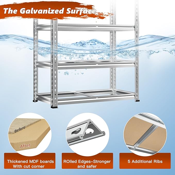 REIBII Garage Shelving, 5 Tier Storage Shelves Load 2400LBS, Adjustable Garage Shelves Heavy Duty, Metal Shelving Unit with Waterproof Columns for Warehouse, 35.5" W x 11.9" D x 72" H, Galvanized