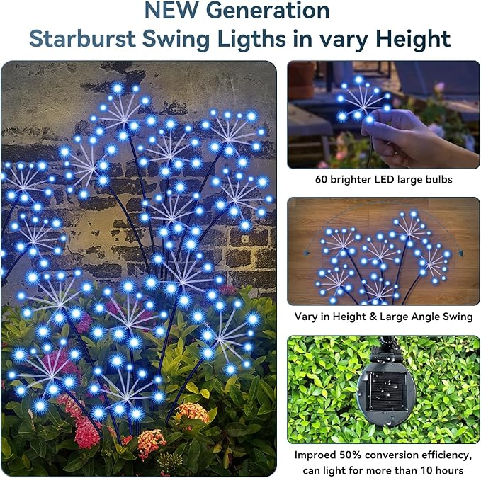 Solar Garden Lights 2 Pack Waterproof Swaying Starburst Light Solar Outdoor Lights for Yard Patio Walkway Pathway Party Wedding Decoration, Unique Gifts for Women, Blue