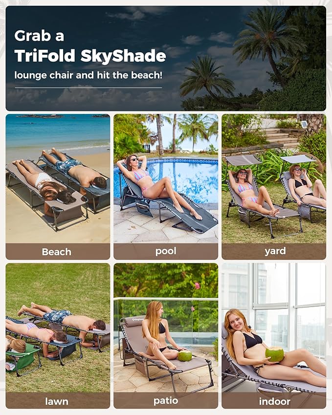 KingCamp Tanning Chair with Face Hole, Lounge Chairs Outdoor Folding Comfy Adjustable 5-Position Foldable Chaise Chaser with Canopy Shade for Outside Beach Patio Sun Bathing, Beige