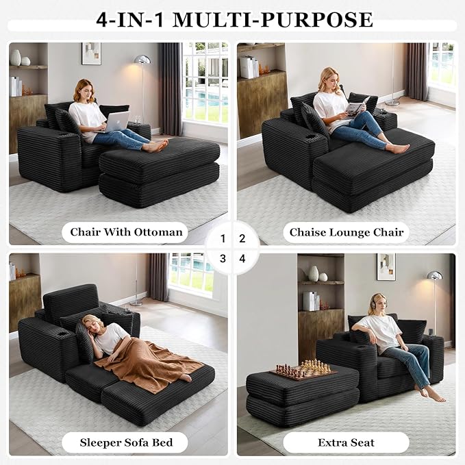HANXIN 62" Chaise Lounge Chair Indoor, Oversized Corduroy Boneless Convertible Chaise Lounge Couch Sleeper Chair with Ottoman, Deep Seat Reading Chair, No Assembly Required (Black)