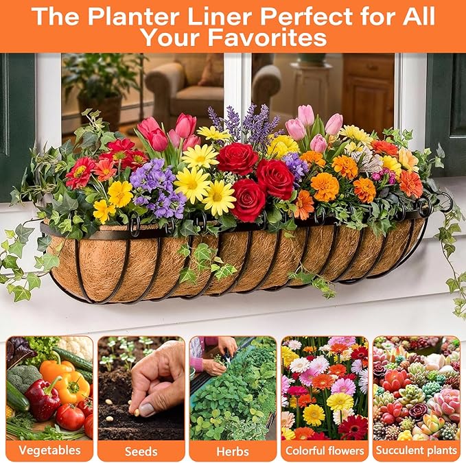 Legigo 2PCS 36 Inch Natural Trough Coco Coir Liners Planters Replacement, Pre-Formed Window Basket Coconut Coir Fiber Liner for Garden Window Flower Box Pots, Fence Trough Planter, Wall Planter Basket