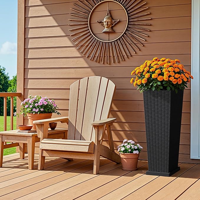 Devoko Resin Tall Planters with Tray for Outdoor Plants Set of 2, Large Taper Outdoor Planter Pots with 4 Drainage Holes, Flower Pots Modern Decor for Porch, Patio, Backyard, Garden(Black, 32")