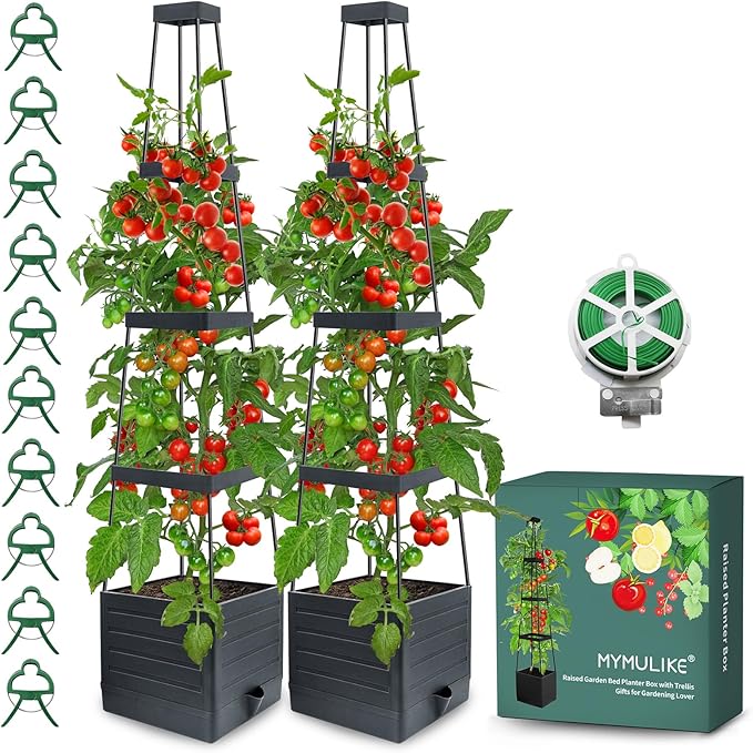 2 Pack Raised Garden Bed Planter Box with Trellis, 58” Tomato Cage Planter Raised Garden Bed with Trellis for Climbing Vegetables Plants Tomato Cage w/Self-Watering, Indoor Outdoor Use