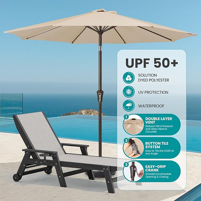 SERWALL Textilene Patio Chaise Lounge Chair Set of 2 with 9FT Patio Umbrella, 5 Positions Outdoor Lounger with Rolling Wheels for Pool, Deck, Black (Umbreall Base not Included)