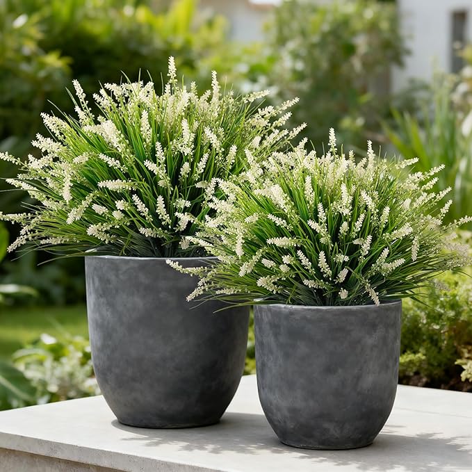 24 Pcs Artificial Faux Plants for Outdoor Spring Decoration, Fake Monkey Grass for Garden Porch Balcony Planters, Fake Greenery Shrubs UV Resistant No Fade Plants Bush for Pathway(White)