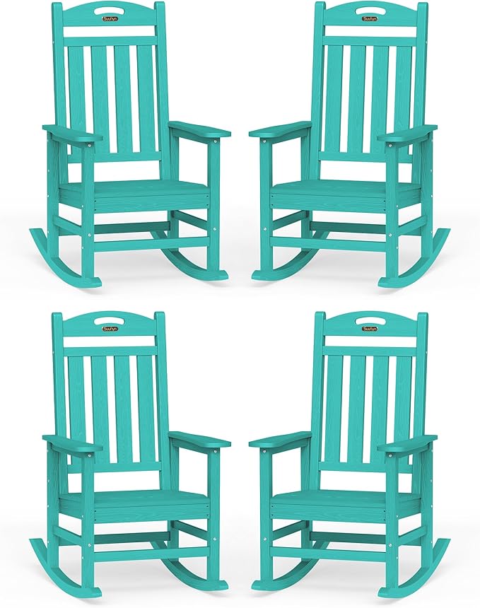 Oversized Rocking Chairs Outdoor Set of 4, High Back Porch Rocking Chair, HDPE All Weather Resistant Patio Chairs, 380lbs Weight Capacity, Lake Blue