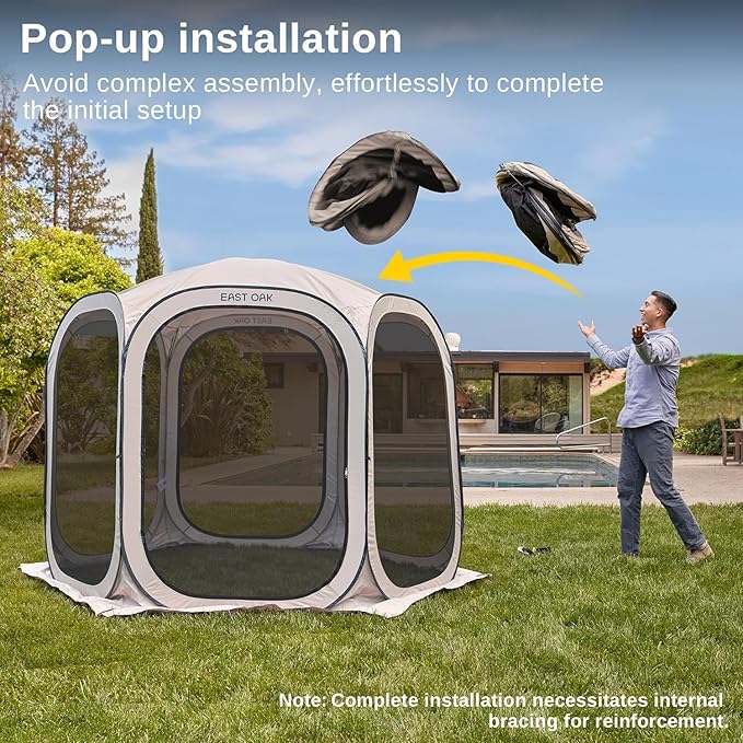 East Oak Screen House Tent Pop-Up, Portable Screen Room Canopy Instant Screen Tent 12 x 12 FT with Carry Bag for Patio, Backyard, Deck & Outdoor Activities, Brown