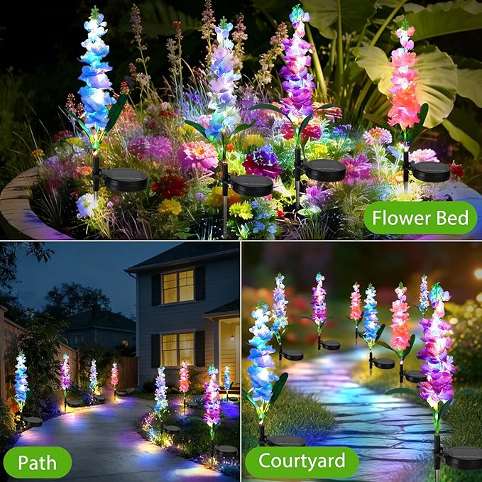 4 Pack Color Changing Solar Lights Outdoor Waterproof, Solar Delphinium Flower Stake Lights Auto ON/Off Solar Garden Lights for Spring Lawn Pathway Landscape Birthday Gifts for Mom Women Grandma