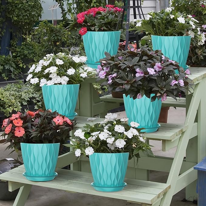 6 Pack 6 Inch Indoor Plant Pots with Drainage Holes, Outdoor Plastic Decorative Flower Pots, Garden Planters with Tray Saucers for Orchids, Violets, Succulents, Herbs, and Other Plants
