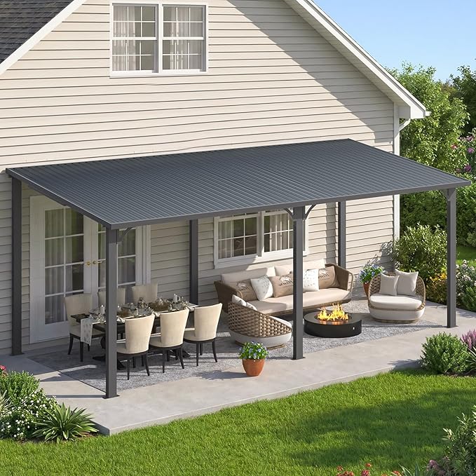 AECOJOY 8' x 20' Outdoor Hardtop Metal Gazebo for Patio, Large Lean to 20x8 Galvanized Steel Wall Mounted Pergolas and Grill Gazebos Clearance, Patio Roof Heavy Duty Metal Awnings for Backyard, Decks