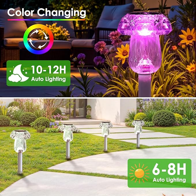 Mancra 8 Pack Mushroom Solar Pathway Lights, Color Changing LED Solar Outdoor Lights Waterproof, Dusk to Dawn Auto On/Off Garden Decor for Yard Landscape Walkway