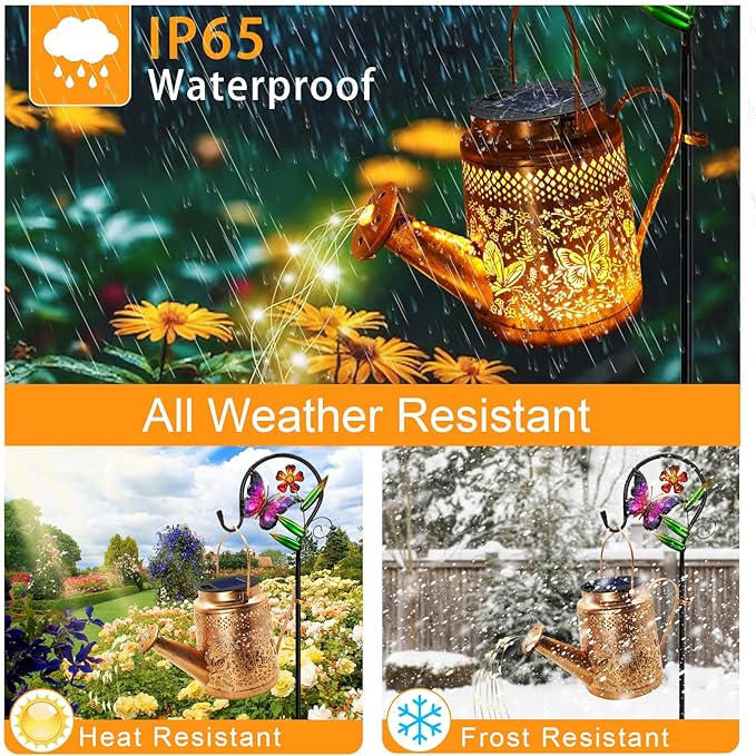 Solar Powered Butterfly Watering Can Lights Waterproof Outdoor Garden Decor with Shepherd Hook Hanging Patio Lights for Yard, Porch, Backyard Perfect Gardening & Christmas Gift for Women, Mom, Grandma