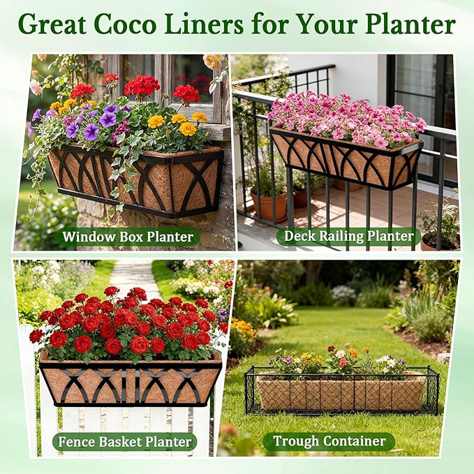 Halatool 4 Pack 36 Inch Trough Coco Fiber Replacement Window Box Liners Pre-Formed Coconut Liners for Planters Natural Coco Liner for Wall Hanging Basket Flower Pot Fence and Railing
