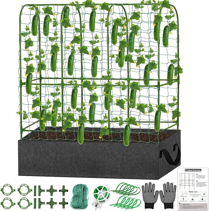 U-Shape Cucumber Trellis with Fabric Raised Garden Bed 65x50 Inch Metal Garden Arch Trellis with Net, Climbing Plants Vegetables Heavy-Duty Outdoor Plant Support for Pea, Grape, Squash, Tomatoes