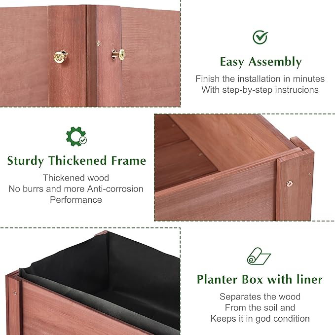 SoliWood Set of 2 Raised Garden Bed with Legs, 31x16x31'', Outdoor Wood Elevated Planter Box, Thick Legs, w/Liner