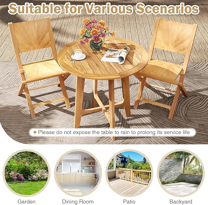 Tangkula 31.5" Round Patio Dining Table, Teak Wood Outdoor Dining Table with Slatted Tabletop, X-Shaped Frame & 4 Sturdy Supporting Legs, Indoor or Outside Table for Deck, Garden, Poolside & Backyard