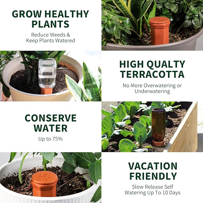 Large Terracotta Watering Spikes with Lids, Automatic Plant Waterer Outdoor | Indoor, Vacation Friendly Clay Plant Watering Devices System, Slow Release Self Watering Planter Insert, 4 Pack