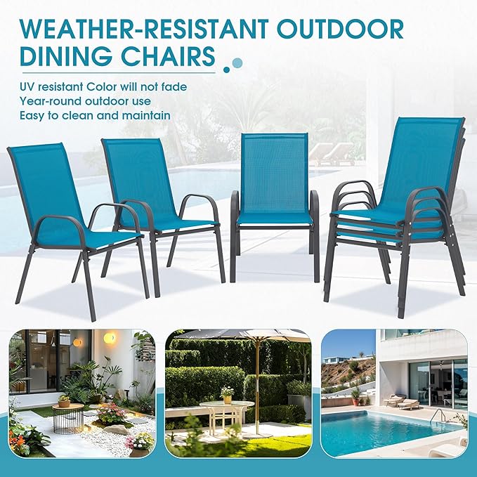 Outdoor Stackable Chairs Set of 6, Stacking Patio Chairs with Textilene Fabric, Outside Furniture for Garden Backyard Balconie Poolside Deck, Blue
