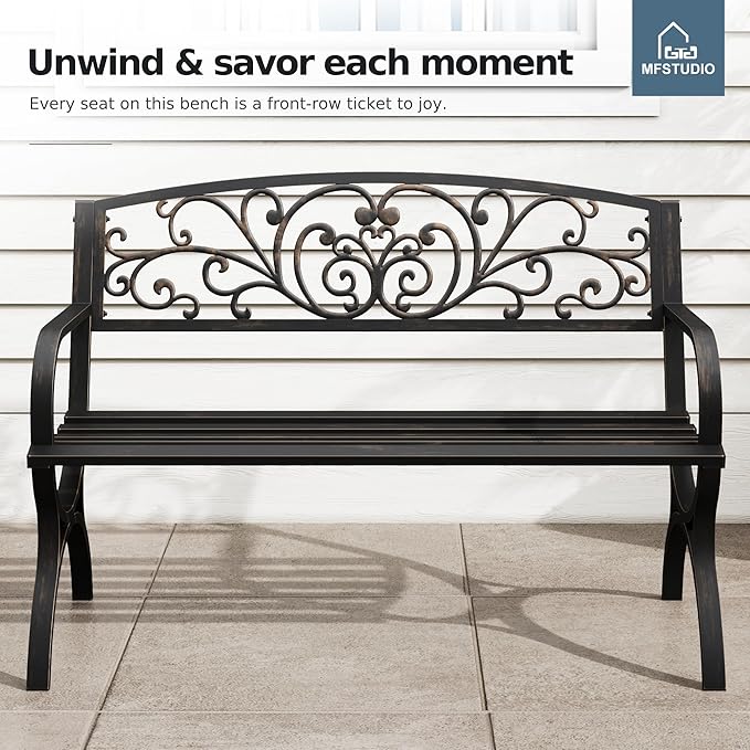 MFSTUDIO 50 Inches Outdoor Garden Bench, Cast Iron Metal Frame Patio Park Bench with Floral Pattern Backrest, Arch Legs for Porch, Lawn, Yard-Bronze