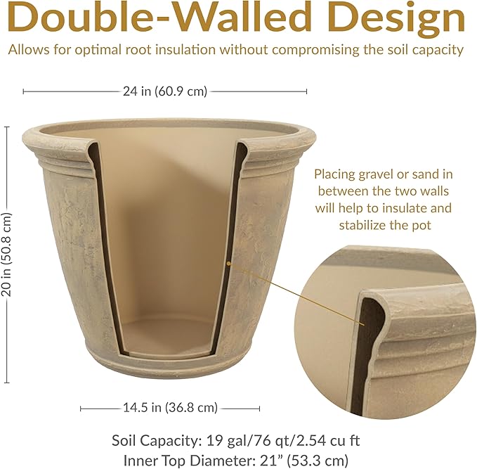 Sunnydaze 24-Inch Anjelica Large Plastic Pot for Plants - Outdoor Double-Walled Large Plastic Planter with Drillable Drainage Holes - Beige - 2pk