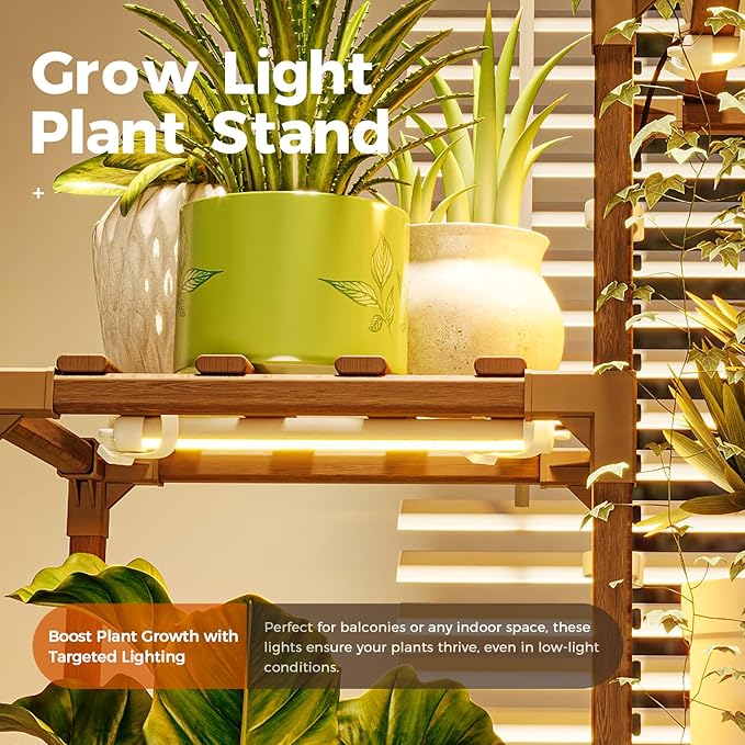 Bamworld Plant Stand with Grow Light Tall Plant Shelf for Mutiple Pots Large Wood Plant Holder Rack for Patio Living Room Balcony Warm Light
