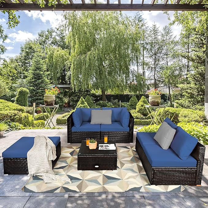 Tangkula 6 Piece Patio Furniture Set, Outdoor Deck Lawn Backyard Durable Steel Frame PE Rattan Wicker Sectional Sofa Set, Conversation Set with Coffee Table (Navy)