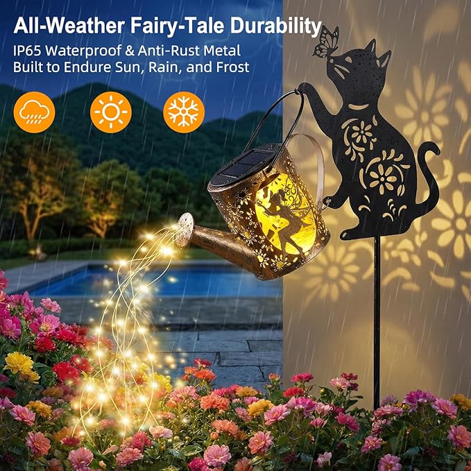 Solar Watering Can Lights with Fairy & Flowers, Outdoor Garden Decor with Cascading String Lights, Waterproof Solar Powered Hanging Lantern for Patio Yard Pathway, Gift for Mom Cat Lovers Gardeners