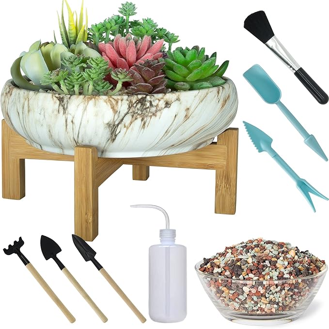 Succulent Pots with Drainage, 10 Inch Large Succulent Planters with 2.2lb Mix Pebbles, Planting Tools Set for Beginner, Shallow Marble Bonsai Pot with Stand Ceramic Pot for Indoor Cactus Flower Plants