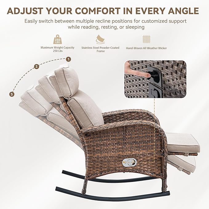 Zero Gravity Patio Rocking Wicker Recliner Chair - Wicker Outdoor Lounge Chair with Adjustable Backrest & Footrest, All Weather Reclining Rocker Chairs with Thick Cushion for Pool Deck Beige