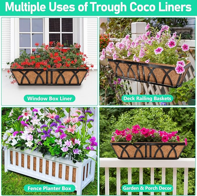 Riare 4 Pack 36 Inch Rectangle Coconut Liners for Planters, Natural Coconut Fiber Planter Liners, Window Box Liner Trough Coco Liner for Outdoor Flower, Garden Wall, Deck & Fence Planter Boxes