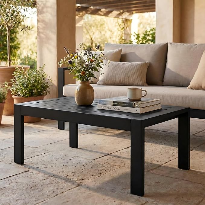 Solaste Aluminum Outdoor Coffee Table, All-Weather Rectangle Metal Patio Coffee Table Furniture for Balcony, Garden, Indoor or Outdoor Use, Black