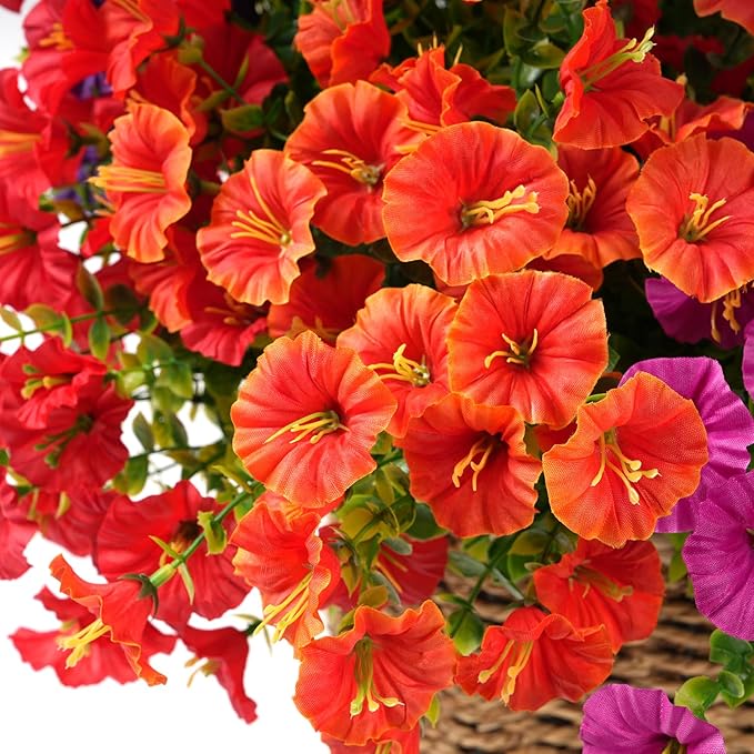 Artificial Flowers for Outdoors, UV Resistant Fake Silk Morning Glory, Realistic Faux Plants for Outside Porch Patio Window Box Hanging Planter (16, Orange Yellow)