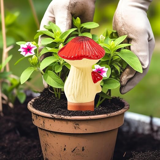 4 Pack Watering Globes - Terra Cotta Watering Spikes for Indoor Plants, Handcrafted Mushroom Shape Self Watering Devices with Slow Release System, Plant Water Bulbs for Vacation & Outdoor Pot