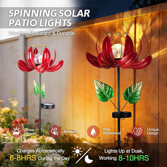 Solar Lights Outdoor Garden Decor, Solar Wind Spinner Yard Decorations Gifts for Outside, Lotus Windmill Pathway with LED Cracked Crystal Ball Waterproof Flower Sculpture for Patio Lawn