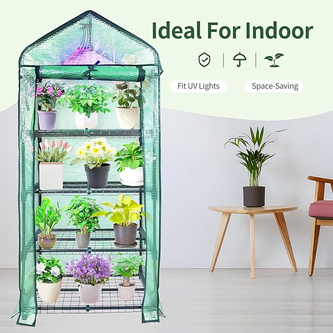 4 Tier Mini Greenhouse for Outdoor Indoor, Double-Layer Roof, Heavy Duty Small Greenhouses with PE Cover, Portable Green Houses for Outside Winter Plant Protection, 64'' H x 27'' L x 20'' W