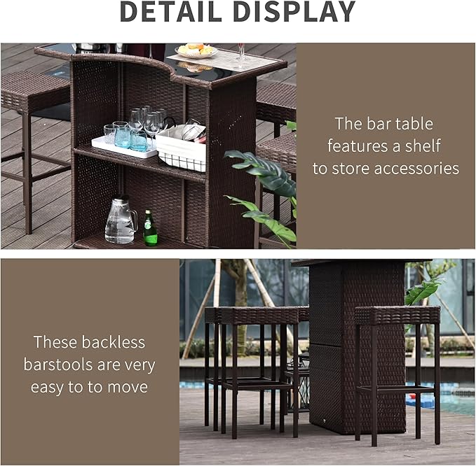 Outsunny 5 Pcs Rattan Wicker Bar Set, High Top Outdoor Table and Chairs, Bar Height Patio Set with Glass Table Top 2 Tier Storage Shelf, and 4 Bar Stools for Garden, Poolside, Dark Brown