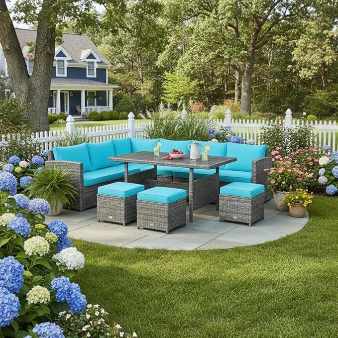 Tangkula 7 Pieces Patio Furniture Set, Outdoor Sectional Rattan Dining Sofa Set with Cushions, All Weather Wicker Conversation Couch Set with Dining Table & Ottomans for Yard Garden Poolside