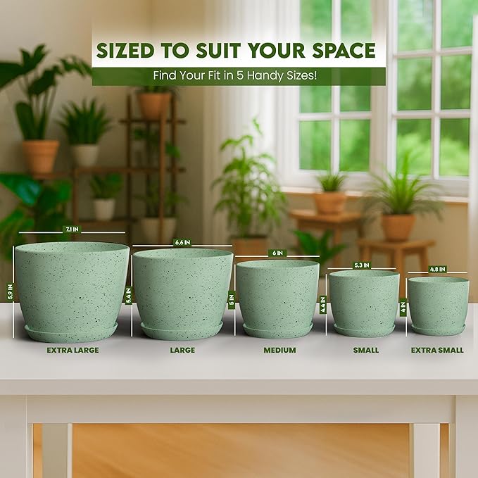 Utopia Home - Spotty Plant Pots Indoor with Drainage - 7/6.6/6/5.3/4.8 Inches Flower Pots - 5 Pack Plastic Planters - Ideal for Stocking Stuffers - (Speckled Mint, Pack of 5)