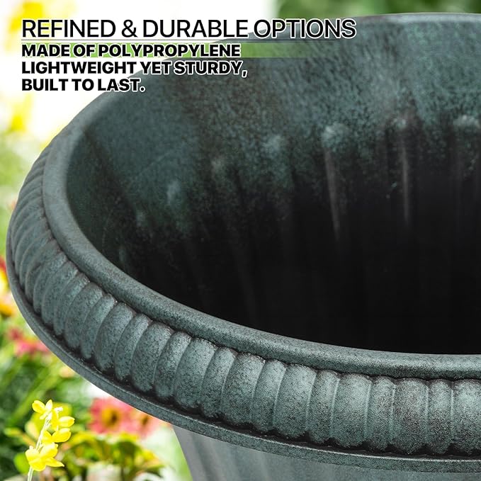 Magshion 20" Urn Planters for Outdoor Plants, Large Decorative Front Porch Planters Set of 2, Weatherproof Tall Plastic Flower Pots for Garden, Patio & Entryway Décor, Antique Green