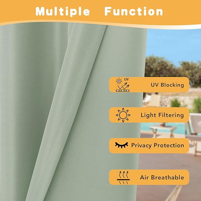 HolidayIdeas Outdoor Curtains for Patio Waterproof, 4 Panels - 54 x 95 Inch - Privacy Protection & Light Filtering Curtains Grommet Outside Curtains for Porch, Gazebo, Pergola (Sage Green)