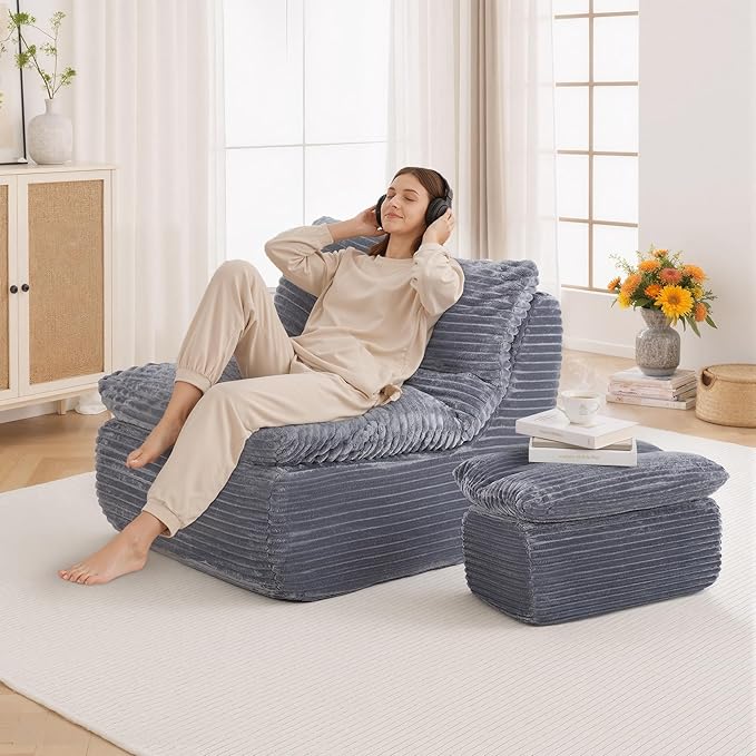 Boneless Chaise Lounge Chair Indoor, Adult Bean Bag Chair with Compressed Memory Foam, Comfy Back Support Sofa Bed Couch for Living Room Bedroom Office Apartment, No Assembly