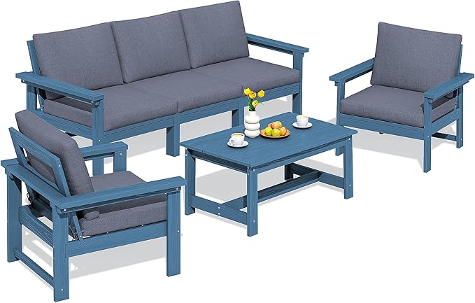 SERWALL HDPE Patio Conversation Set, 6-piece Sectional Outdoor Furniture Set, All Weather Outdoor Couch Set Patio Furniture Set for Deck, Lawn, Blue Frame with Grey Cushion