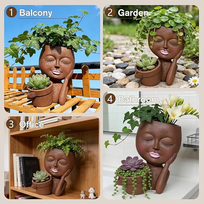 Face Double Plant Pot - Cute Succulent Head Planters Indoor Outdoor Decor, Resin Flower Pots with Drainage Hole, Unique Ideal Present, Gifts for Women/Mother