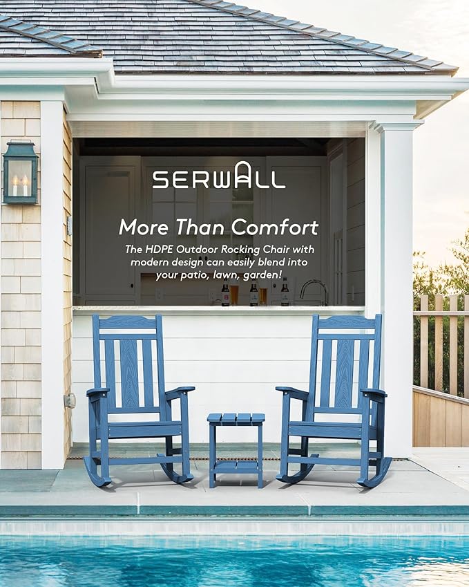 SERWALL Outdoor Rocking Chair Blue Set of 8, All Weather Patio Rocking Chair, HDPE Poly Rocking Chair for Adults, Heavy Duty Front Porch Rocker