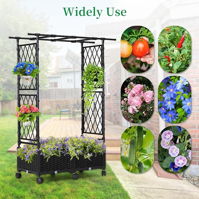 Planter Box with Trellis Outdoor, 53.1in Plastic Raised Garden Bed with Trellis Hanging Roof for Vine Flower, with Lockable Wheels & Drain Plug for Patio Backyard Balcony, Black, 1 Pc