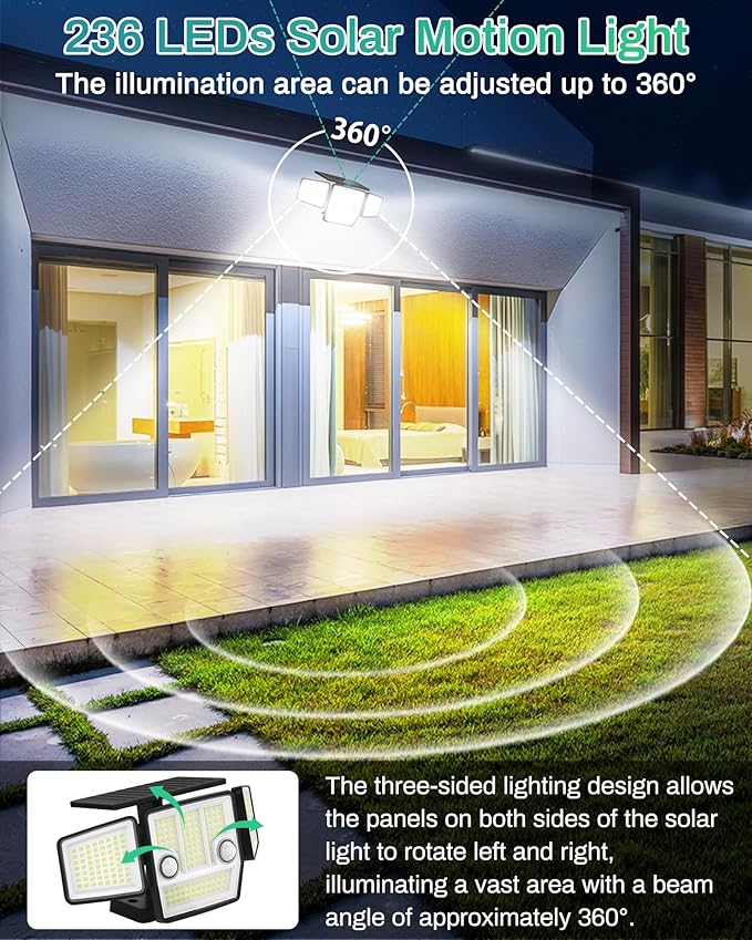 Solar Motion Light Outdoor with Stake, 180° PIR Motion Sensor 360° Illumination, In-Ground or Wall Mount, 236 LED 2500 Lumens Solar Powered Security Flood Light, 3 Modes, IP65 Waterproof, 1 Pack