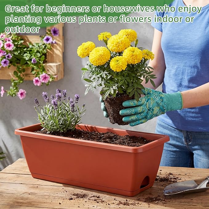 12 Pack Window Box Planter 17 Inches Rectangular Vegetable Flower Planters with Drainage Holes and Saucers Plastic Flower Pots Coloful Herb Planter for Indoor Outdoor Patio Garden Home Decor