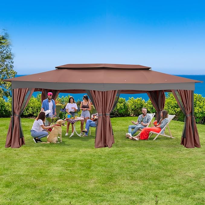 COBIZI Gazebo 12x20 Heavy Duty Gazebos with Curtain and Netting Outdoor Gazebo Canopy Double Roof Patio Gazebos with Metal Steel Frame for Patio, Deck, Backyard-Brown